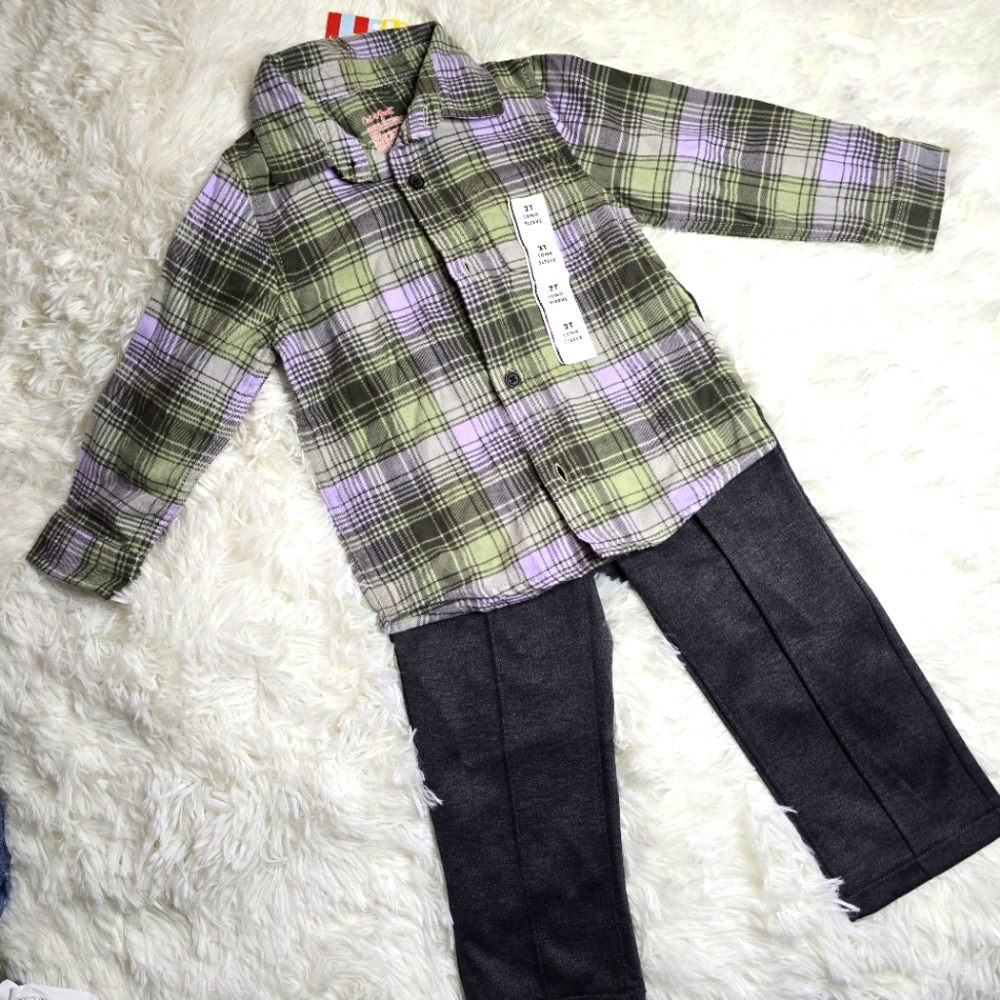 Boys two piece outfit. 2t nwt. Button down plaid shirt and dressy pants.